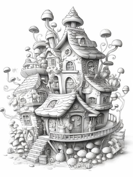 Gingerbread Homes Coloring Book for Adults and Kids, Grayscale Coloring Pages, Instant Download, Printable PDF File