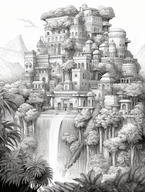 Hanging Gardens of Babylon Coloring Book for Adults and Kids, Grayscale Coloring Pages, Instant Download, Printable PDF File