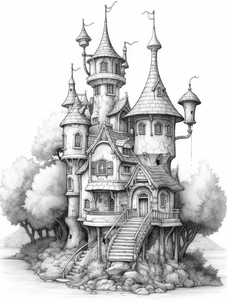 Magical Mouse House Coloring Book for Adults and Kids, Grayscale Coloring Pages, Instant Download, Printable PDF File