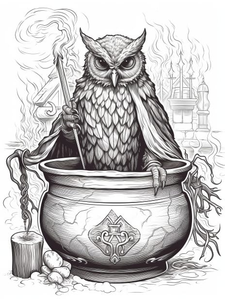 Witch Owls Coloring Book for Adults and Kids, Grayscale Coloring Pages, Instant Download, Printable PDF File