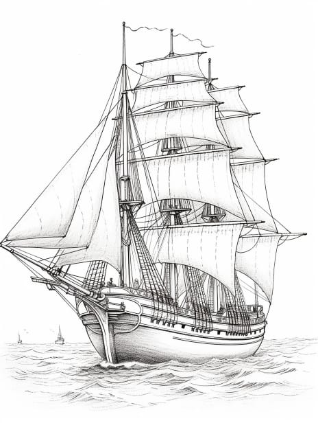 Elegant Old Sailing Ship Coloring Book for Adults and Kids, Grayscale Coloring Pages, Instant Download, Printable PDF File