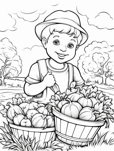 Child Harvesting Vegetables Coloring Book for Kids and Adults, Grayscale Coloring Pages, Instant Download, Printable PDF File
