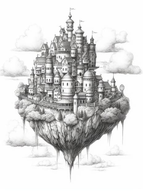 Floating Castles Coloring Book for Adults and Kids, Grayscale Coloring Pages, Instant Download, Printable PDF File