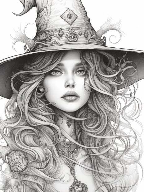 Beautiful Witch Coloring Book for Adults and Kids, Grayscale Coloring Pages, Instant Download, Printable PDF File