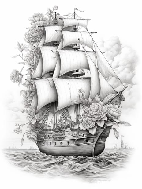Ships Coloring Book for Adults and Kids, Grayscale Coloring Pages, Instant Download, Printable PDF File