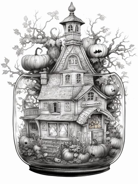 Witch House in a Jar Coloring Book for Adults and Kids, Grayscale Coloring Pages, Instant Download, Printable PDF File