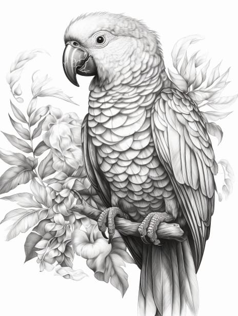 Exotic Birds Coloring Book for Adults and Kids, Grayscale Coloring Pages, Instant Download, Printable PDF File