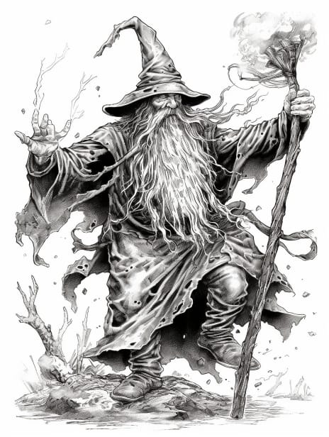 Wizard Coloring Book for Adults and Kids, Grayscale Coloring Pages, Instant Download, Printable PDF File