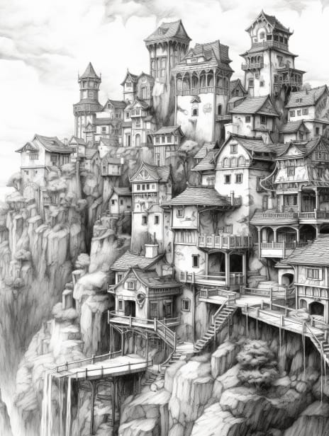 Fantasy Village Coloring Book for Adults and Kids, Grayscale Coloring Pages, Instant Download, Printable PDF File