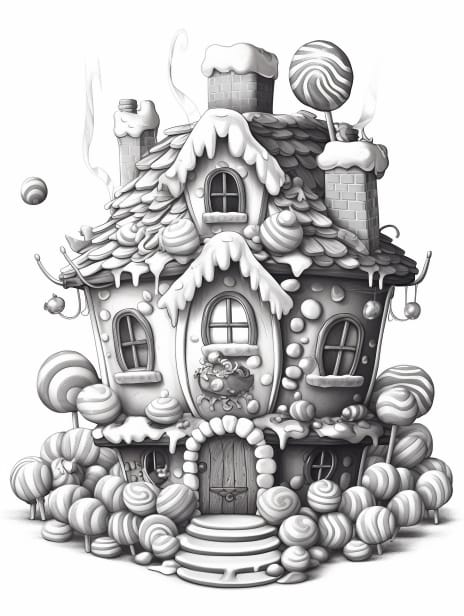 Gingerbread Homes Coloring Book for Adults and Kids, Grayscale Coloring Pages, Instant Download, Printable PDF File